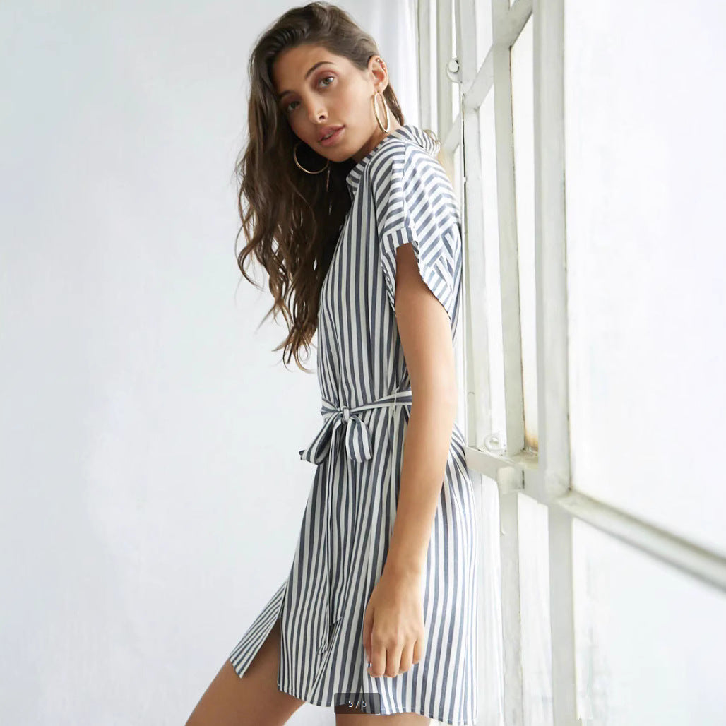 Damen Hemdblusenkleid mit Taillengürtel und modischem Streifendesign EB