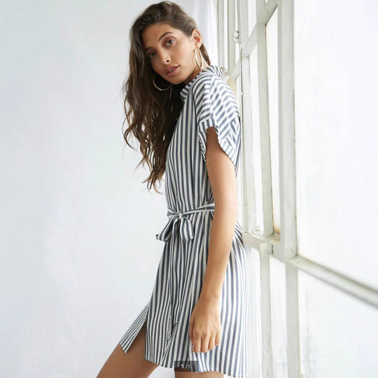 Damen Hemdblusenkleid mit Taillengürtel und modischem Streifendesign EB