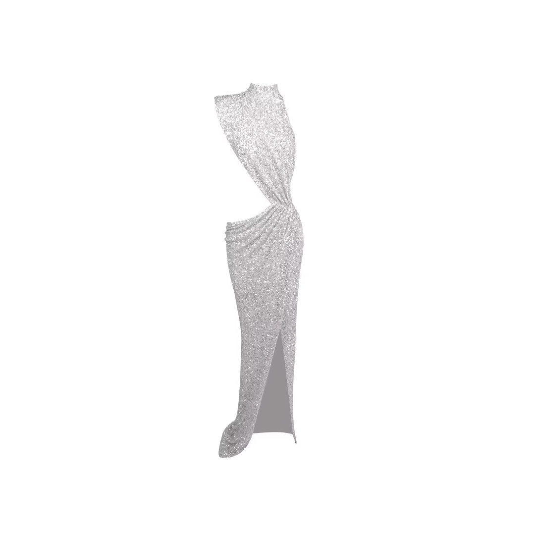 Damen glamouröses Abendkleid mit asymmetrischem Schnitt und glitzerndem Stoff EB
