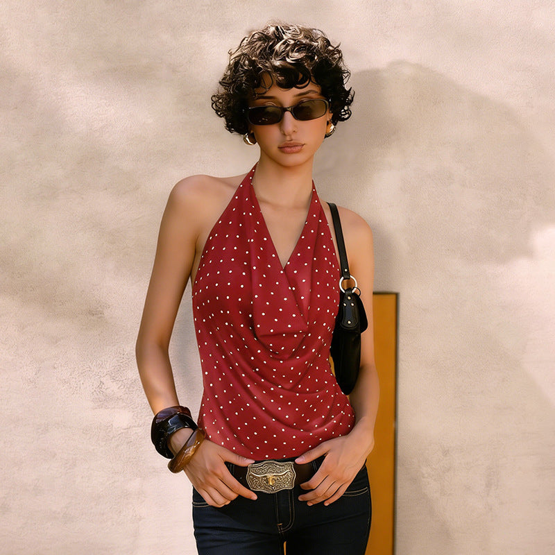Damen Top mit elegantem Wasserfallausschnitt und Punktedesign EB