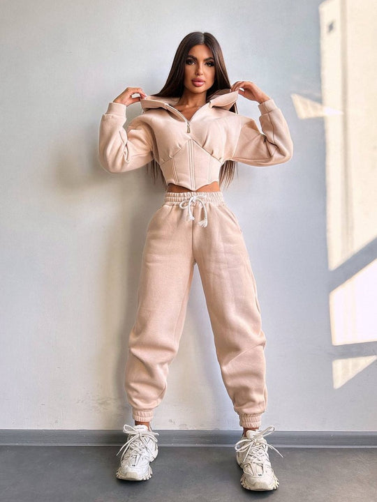 Damen Crop-Kapuzenjacke mit Korsagennaht und High-Waist Jogginghose EB