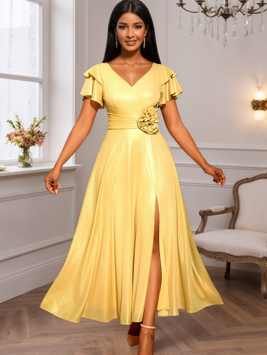 Damen glamouröses Abendkleid mit elegantem V-Ausschnitt und voluminösen Rüschensäumen EB