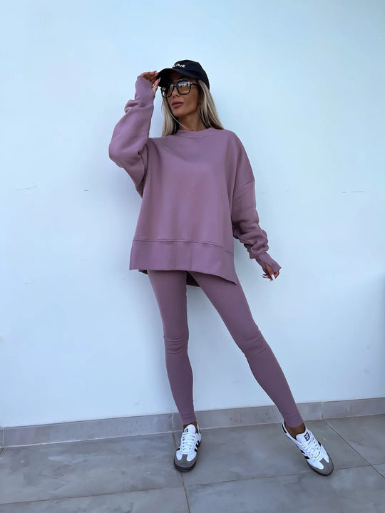 Damen komfortables Oversize-Lounge-Set mit langem Sweatshirt, gerippten High-Waist-Leggings und verlängerten Bündchen EB