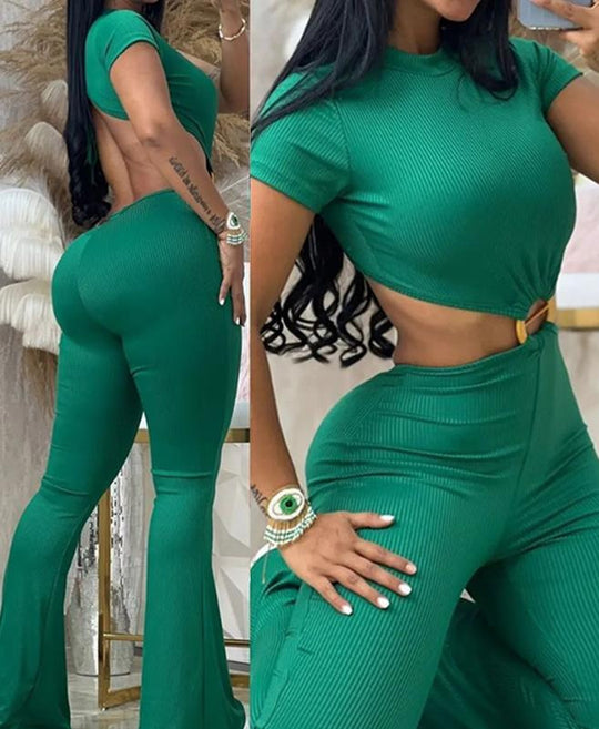 Damen cropped Oberteil mit hochtaillierter Hose im Ripp-Design EB