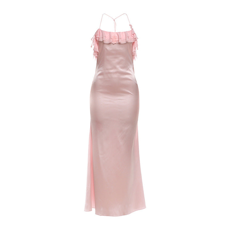 Damen Maxi-Kleid mit eleganten Rüschendetails und tiefem Rückenausschnitt EB
