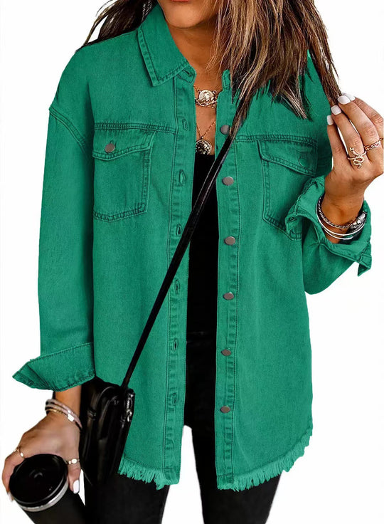 Damen Oversized Jeanshemd mit Fransen EB