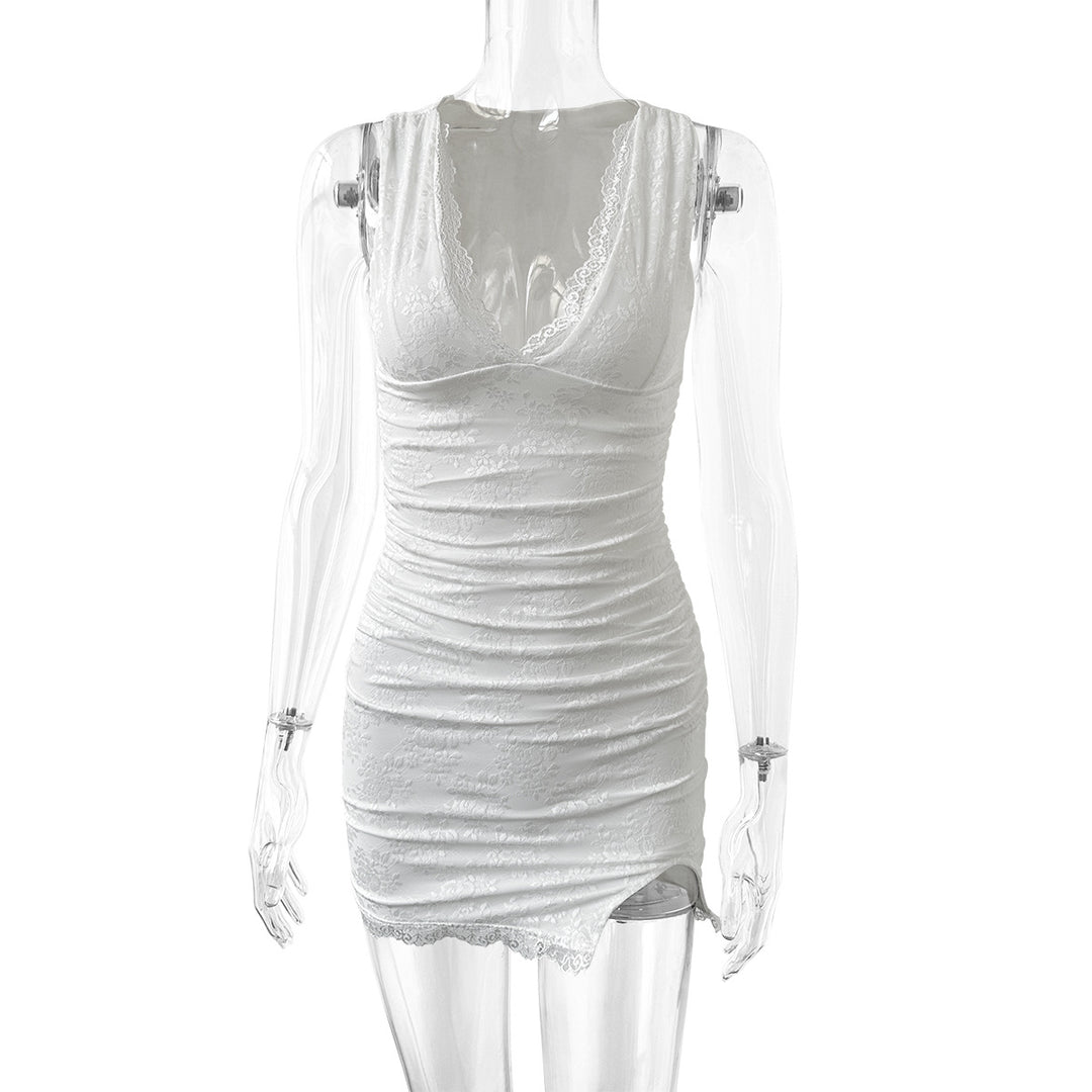 Damen sexy Wickelkleid mit Spitzenbesatz und tiefem V-Ausschnitt EB