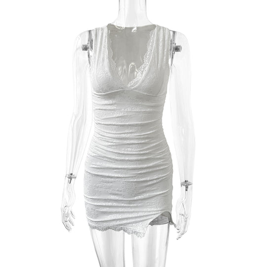Damen sexy Wickelkleid mit Spitzenbesatz und tiefem V-Ausschnitt EB