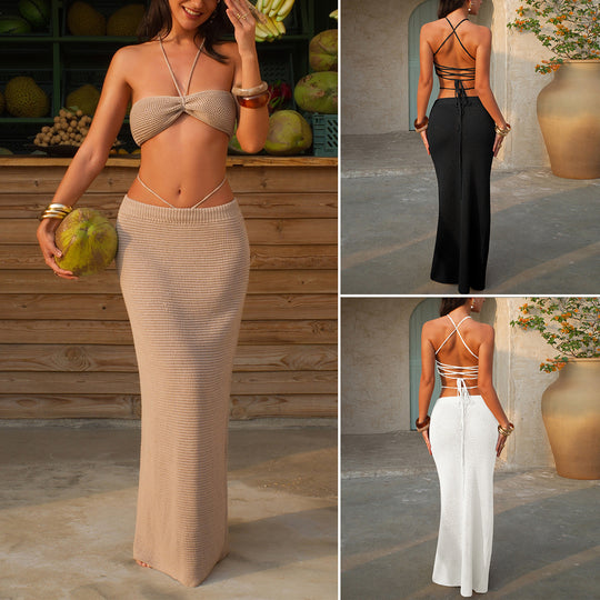 Damen Strickkleid mit Crop-Top und hohem Taillenbund EB