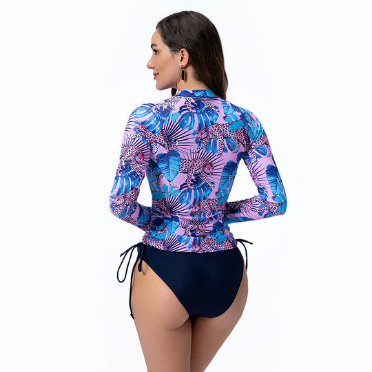 Damen Langarm Rashguard mit stylischem Flora-Muster und seitlichen Kordelzügen EB