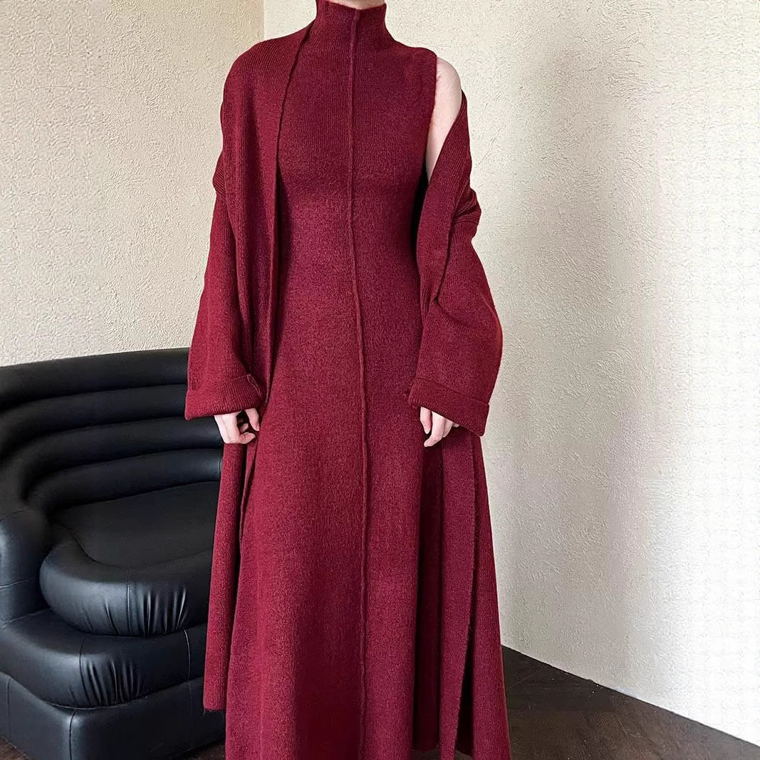 Damen Langer Strickmantel mit hohem Kragen und elegantem Schnitt EB