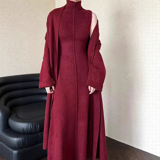 Damen Langer Strickmantel mit hohem Kragen und elegantem Schnitt EB