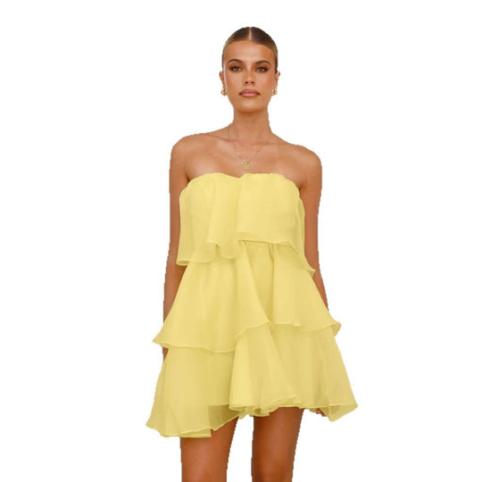 Damen luftiger Trendkleid mit Volant und schulterfreiem Design EB