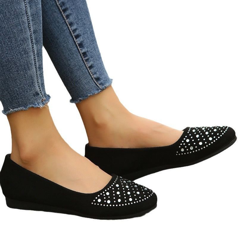 Damen  flache Ballerina-Slipper aus Veloursimitat mit Strassapplikation und gepolsterter Komfortinnensohle EB