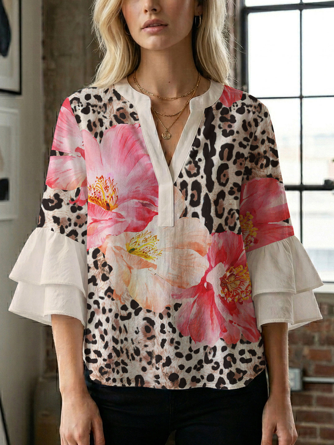Damen lässige Bluse mit Volantärmeln und botanischem Druck EB