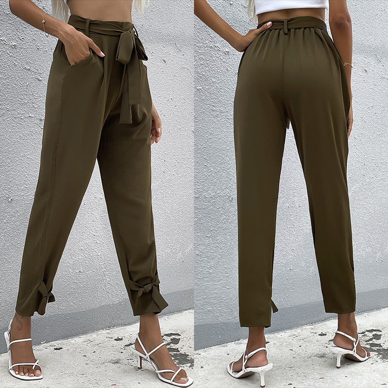 Damen lockere Culotte-Hose mit eleganten Schleifen-Details und Bindegürtel EB