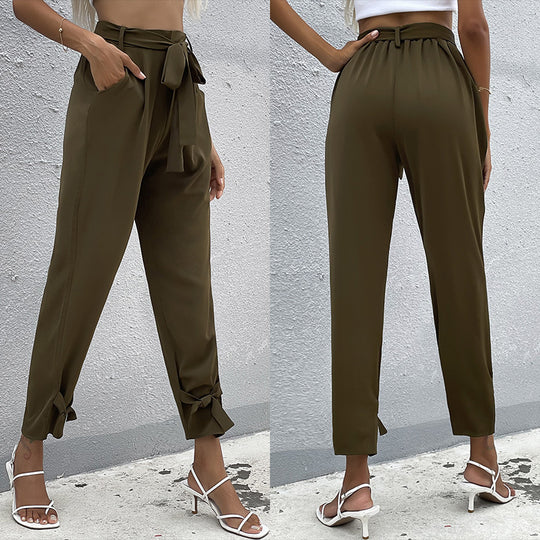 Damen lockere Culotte-Hose mit eleganten Schleifen-Details und Bindegürtel EB