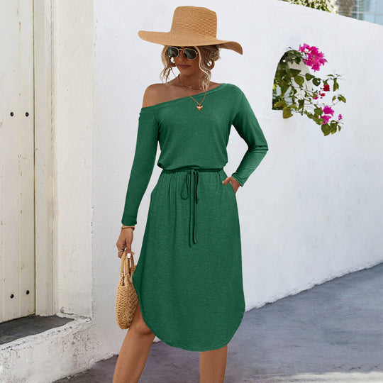 Damen lässiges Off-Shoulder Kleid mit elastischem Bund und langen Ärmeln EB