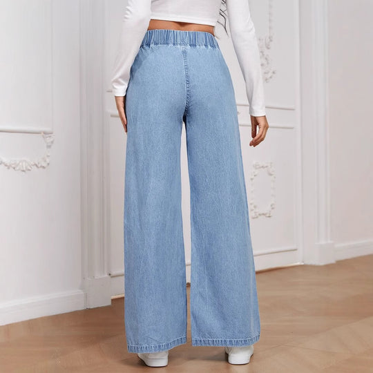 Damen Weite Jeanshose mit elastischem Bund und dekorativen Nähten EB