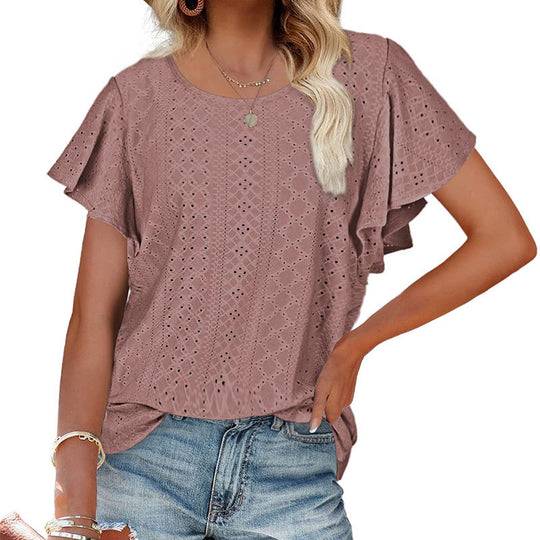 Damen Kurzärmlige Bluse mit Rüschendetails und Lochmuster EB