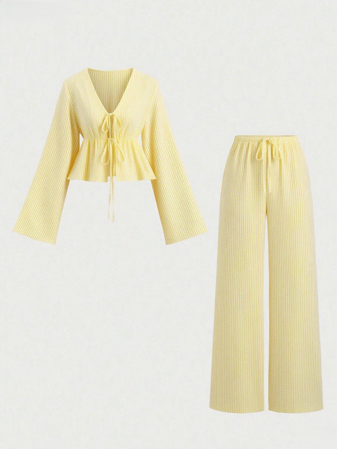 Damen nan gestreiftes Leinenähnliches Homewear-Set mit gerafftem Tunnelzugoberteil und elastischer Bundhose EB