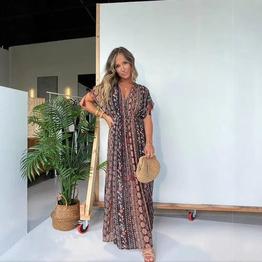Damen elegantes Maxikleid mit modischem Print und V-Ausschnitt EB