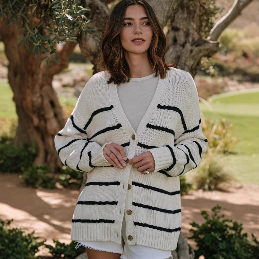 Damen Strickcardigan mit V-Ausschnitt und groben Streifen EB