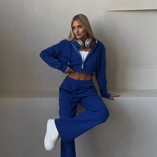 Damen stylisches Crop-Set aus Kapuzenpullover und bequemen Jogginghosen EB