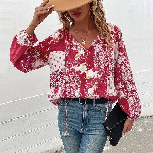 Damen Bluse mit floralem Design und modischer Knotenoptik EB