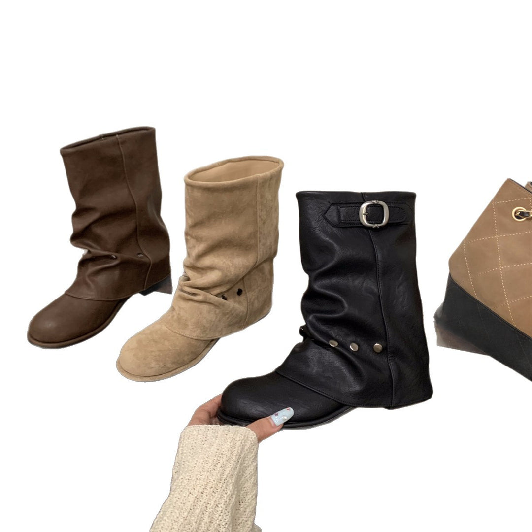 Damen modische Stiefel mit elegantem Faltenwurf und stylishen Druckknopfdetails EB