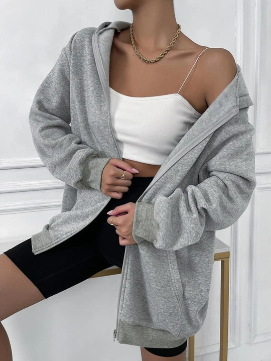 Damen nan oversized Zip-Hoodie mit verlängertem Saum weichem Fleece-Innenfutter und Kängurutaschen EB