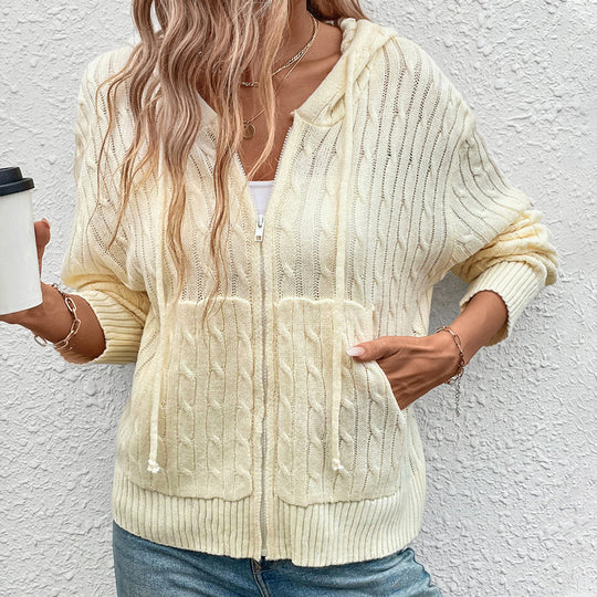 Damen gestreifte Strickjacke mit Reißverschluss und Kapuze EB