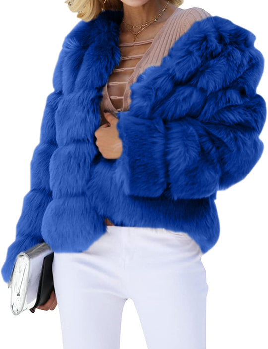 Damen Flauschige Kunstpelzjacke mit voluminösen Ärmeln und elegantem Schnitt EB