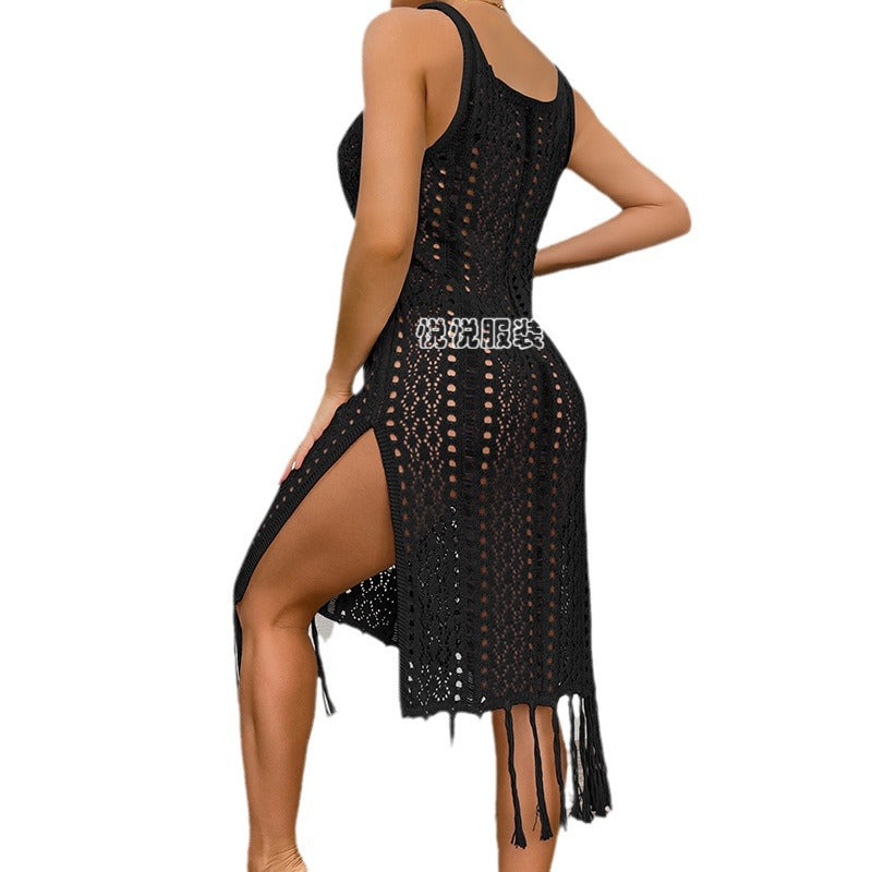 Damen Sommerliches Häkelkleid mit Fransen und seitlichem Schlitz EB