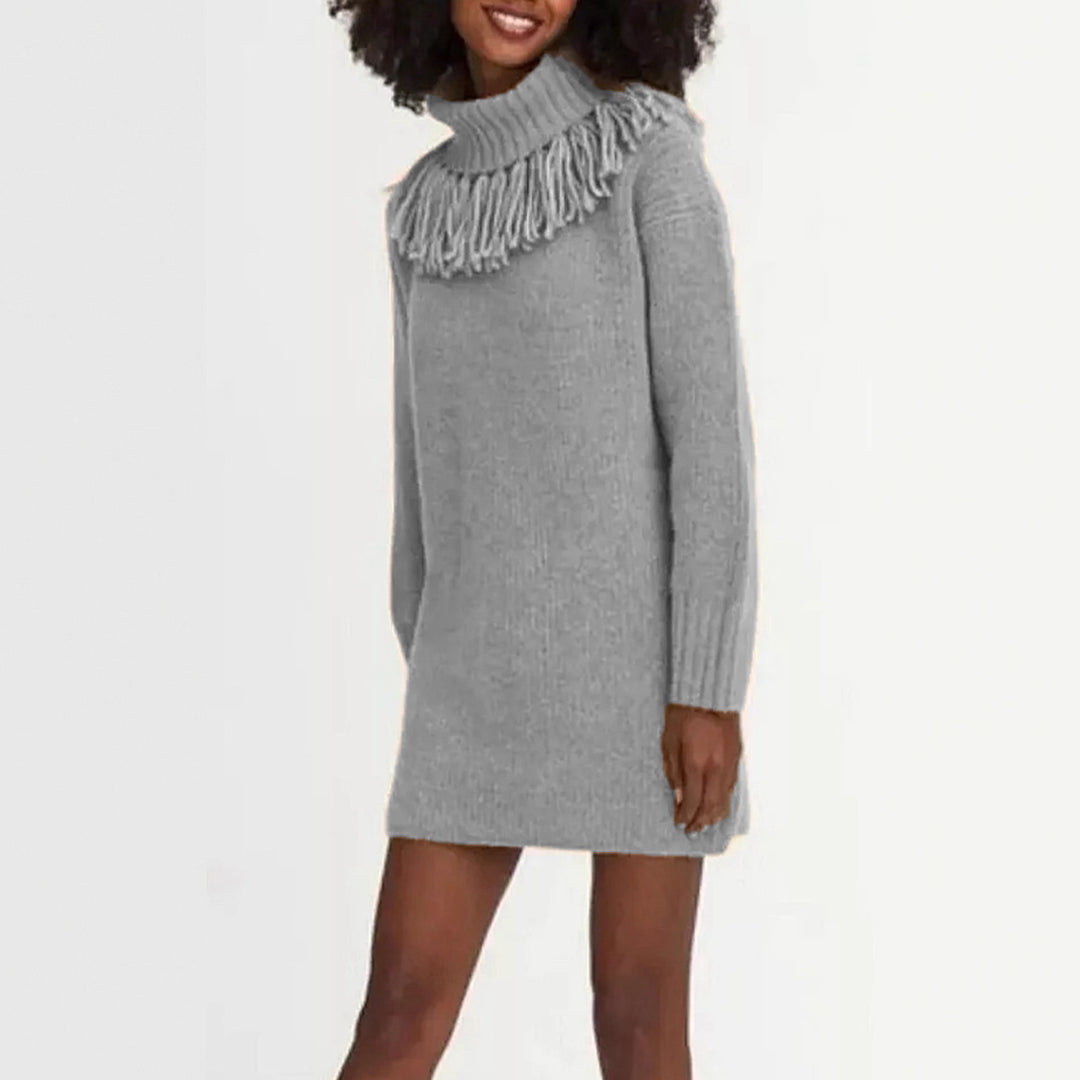 Damen Strickkleid mit hohem Rollkragen und modischen Fransen EB