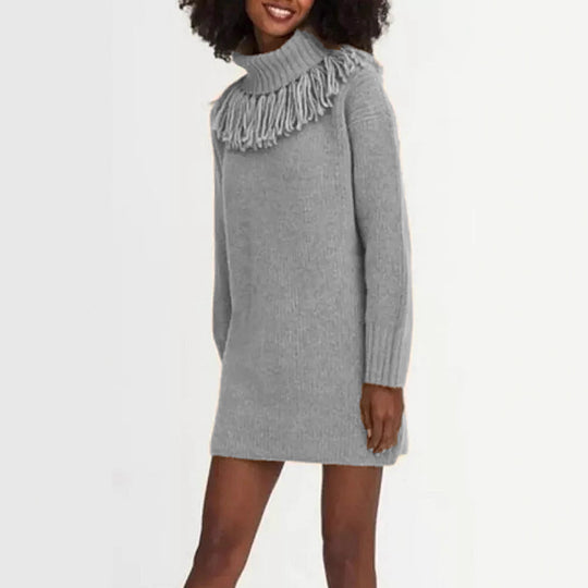 Damen Strickkleid mit hohem Rollkragen und modischen Fransen EB