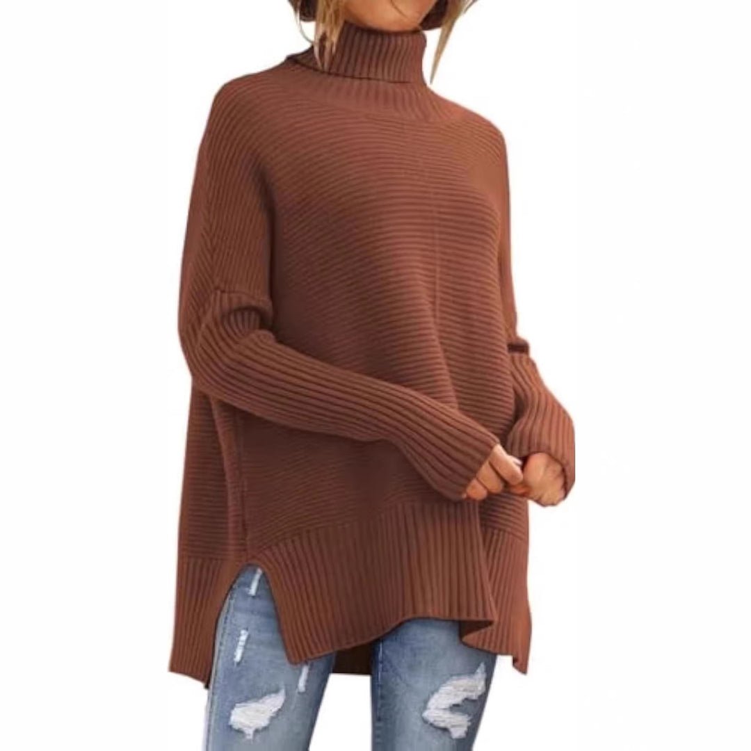 Damen Oversize-Rippenstrick Rollkragenpullover mit Seitenschlitzen und verlängertem Saum EB