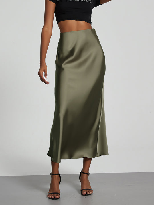 Damen Stilvolle Satin-Stretchrock mit hohem Bund und fließendem Schnitt EB