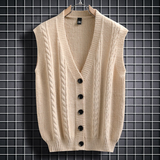 Herren ärmellose Strickjacke mit Zopfmuster und Knopfdetails EB