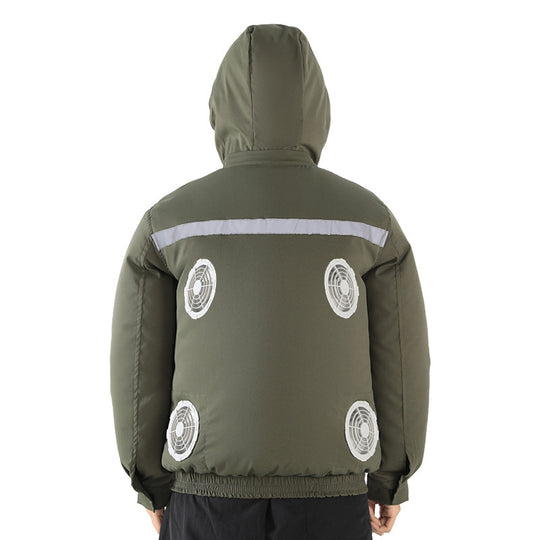 Unisex nan ventilated jacket for work and outdoor with integrated USB fans, battery compartment and hood EB