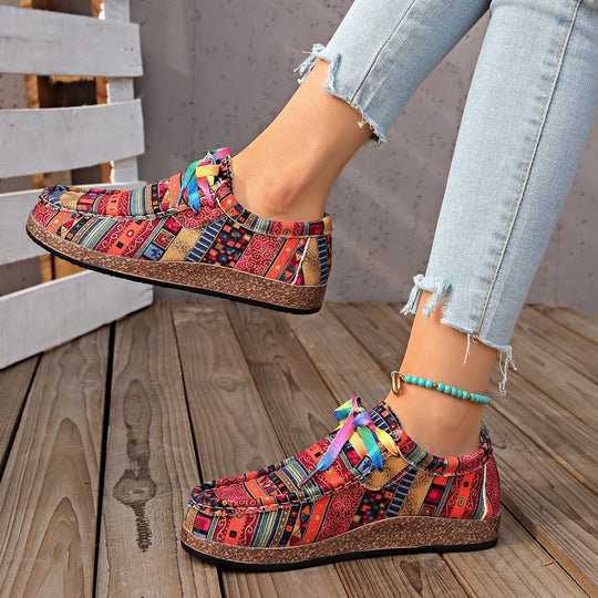 Damen Freizeitschuhe mit buntem Textilmuster und bequemer Gummisohle EB