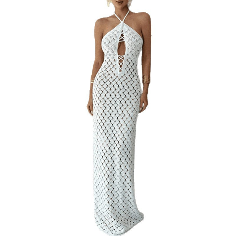 Damen Häkel-Maxi-Kleid mit innovativem Ausschnitt und seitlichen Cut-Outs EB