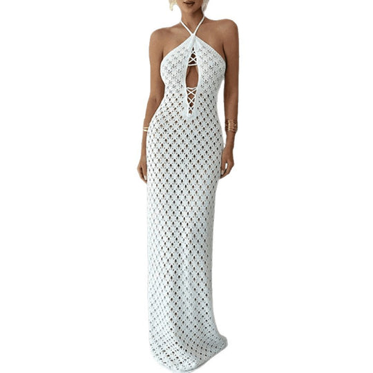 Damen Häkel-Maxi-Kleid mit innovativem Ausschnitt und seitlichen Cut-Outs EB