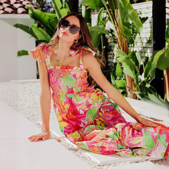 Damen Maxi-Kleid mit floralen Mustern und Trägerdetails EB