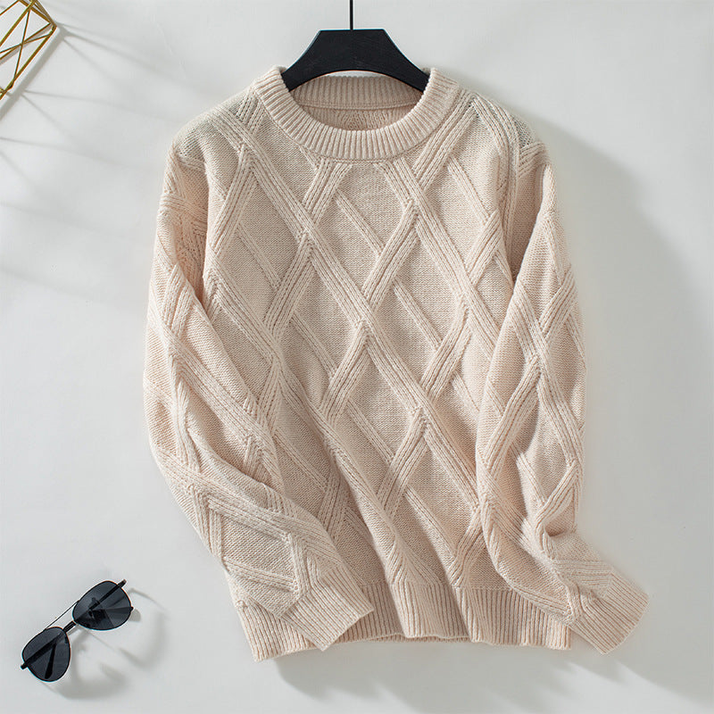 Damen nan grobstrukturierter Strickpullover mit großem Rautenmuster, geripptem Saum und Rundhalsausschnitt EB