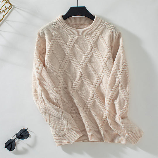 Damen nan grobstrukturierter Strickpullover mit großem Rautenmuster, geripptem Saum und Rundhalsausschnitt EB