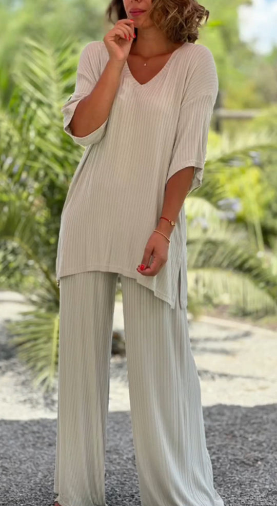 Damen Lässiges Zweiteiler-Outfit mit atmungsaktiven Materialien und eleganten Streifen Heidi-Mode