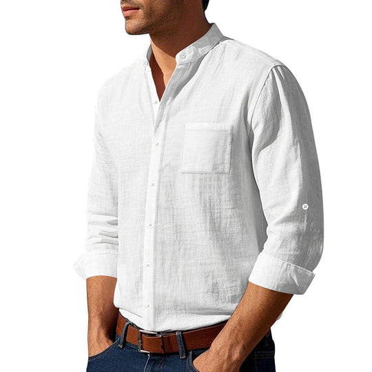 Herren nan leichtes Leinenhemd mit Stehkragen und aufgesetzter Brusttasche in regular Fit EB