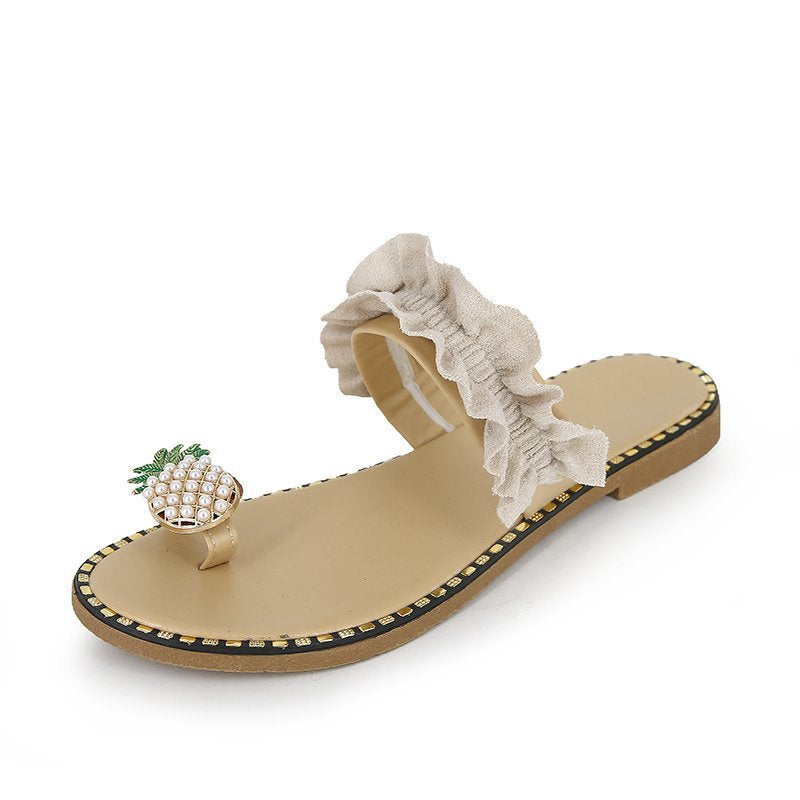 Damen Riemchen-Sandalen mit dekorativem Rüschendetail und Perlenschmuck EB