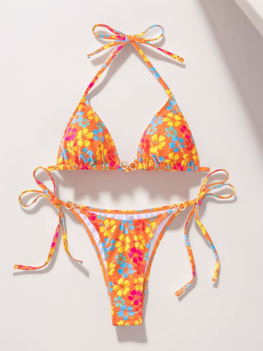 Damen Triangel-Bikini mit raffinierten Bindebändern und farbenfrohem Blumenmuster EB